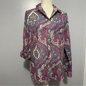 Talbots cotton purple paisley long sleeve roll tab button up shirt size M